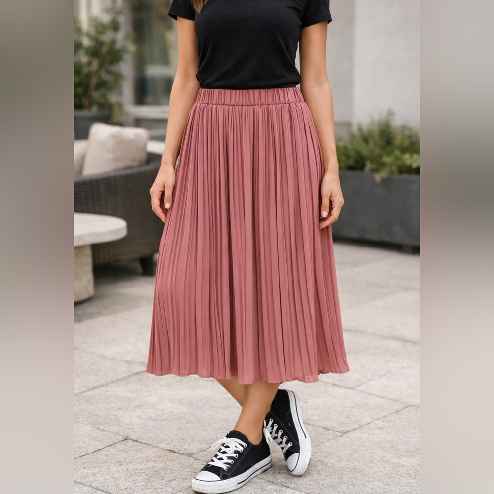 SHEIN Women’s Pleated Midi Skirt Pull On Elastic Waist Dusty Rose Size Small